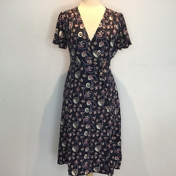 Wrap midi dress Black with floral print Soprano short sleeve. Size Medium - Picture 1 of 7
